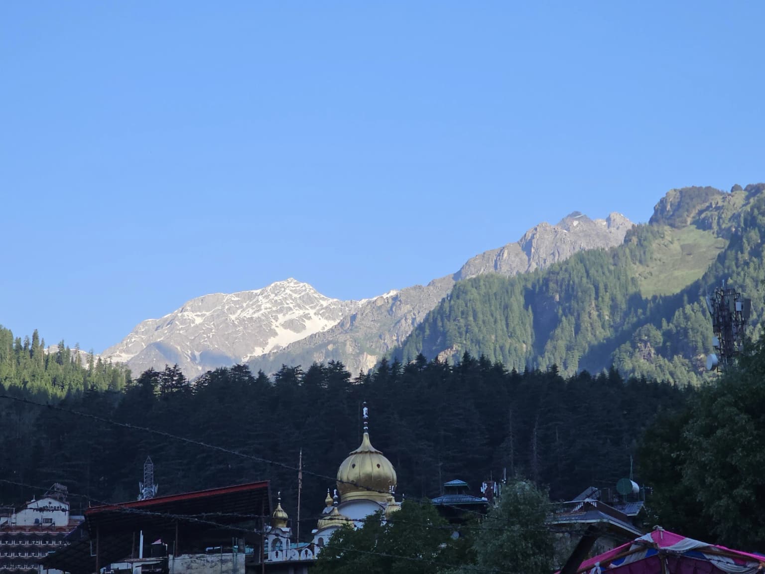 Snow-capped peaks above the deodar forests of Manali